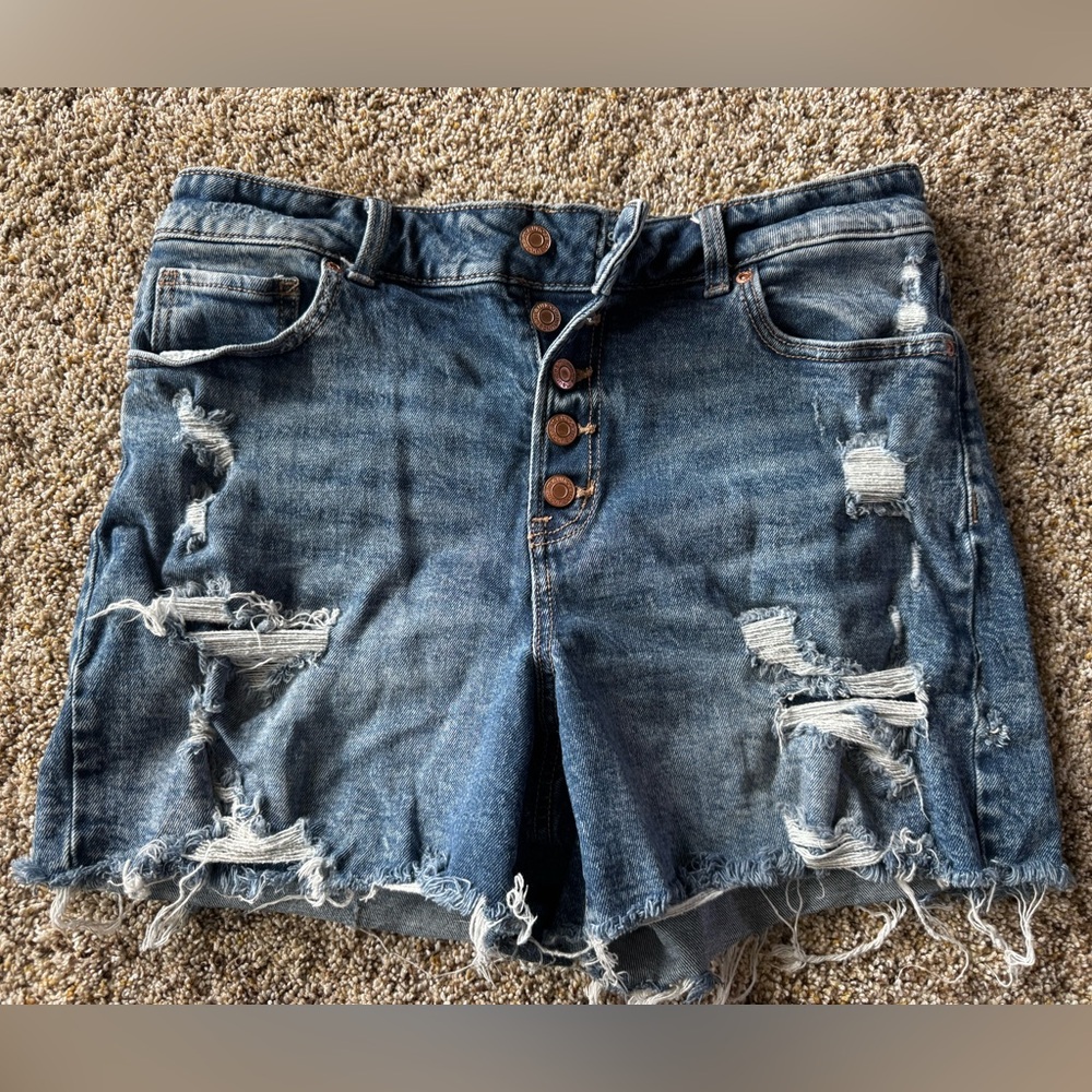 Maurices Distressed Dark Blue Button-Front Denim Shorts